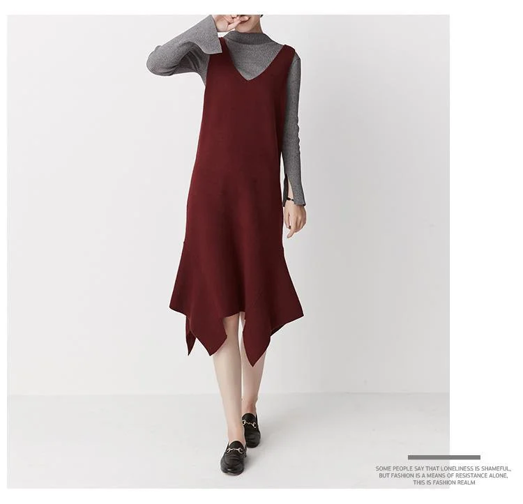 Burdungy strap knit dress asymmetrical hem raw cut