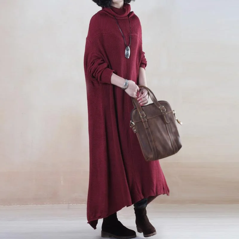 Burgundy long cotton sweater dress knit maxi dresses