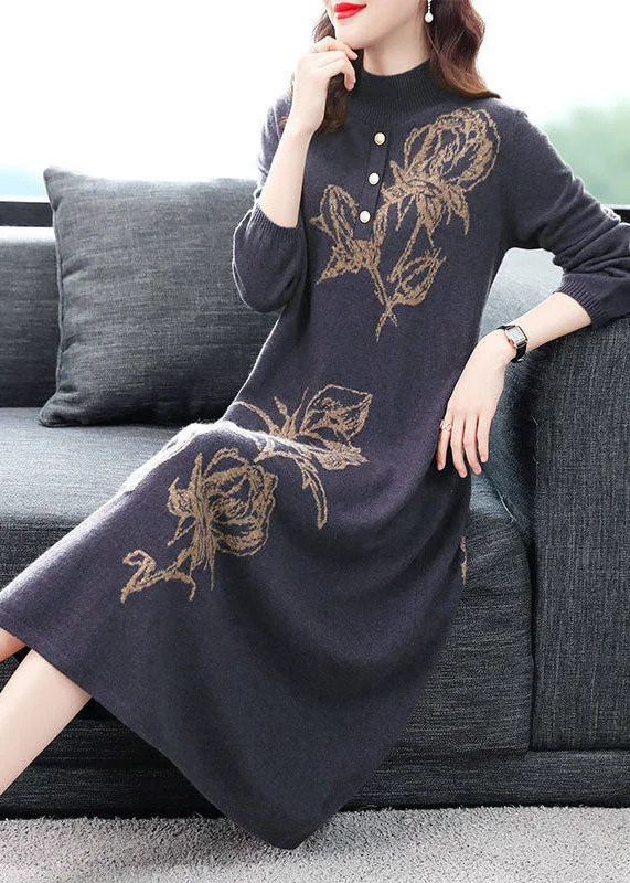 Casual Purple Stand Collar Print Knit Sweater Dress Winter