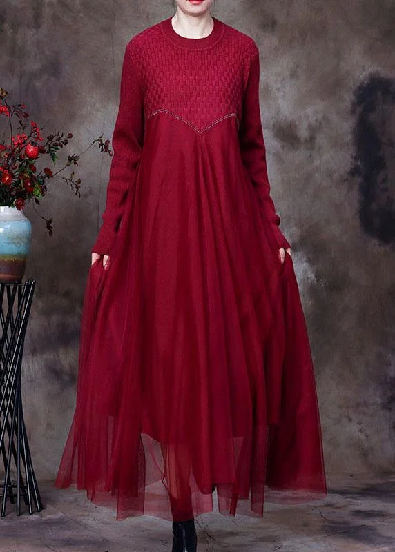 Classy Red O-Neck asymmetrical design Fall Knit Dress