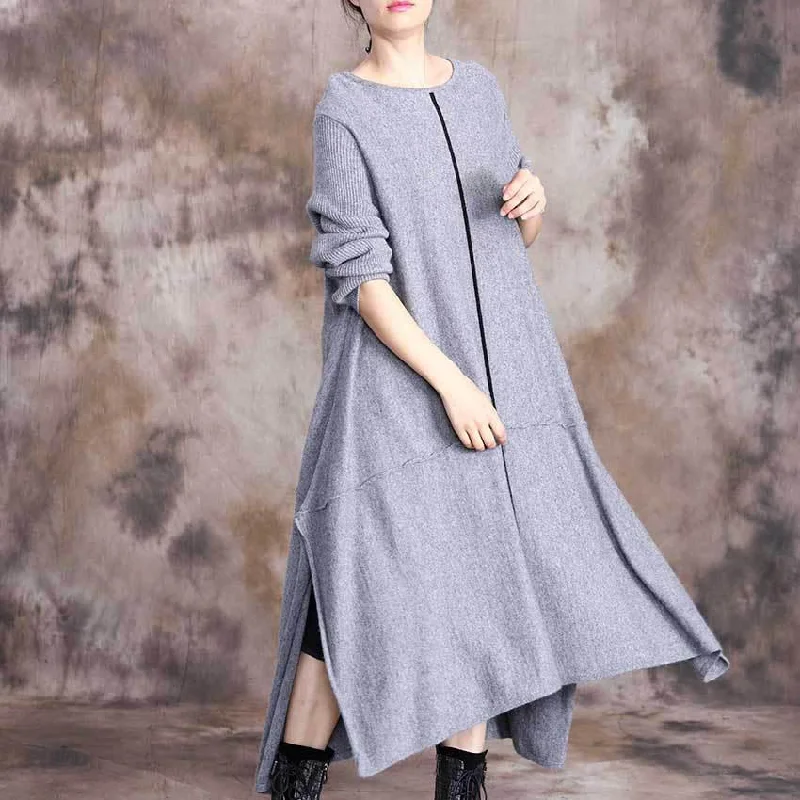 Comfy o neck asymmetric Sweater fall outfits plus size gray baggy knit dresses