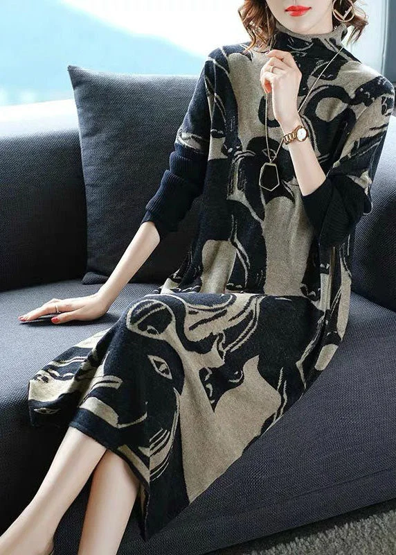 Organic Black Turtle Neck Oversized Print Long Knit Dress Winter