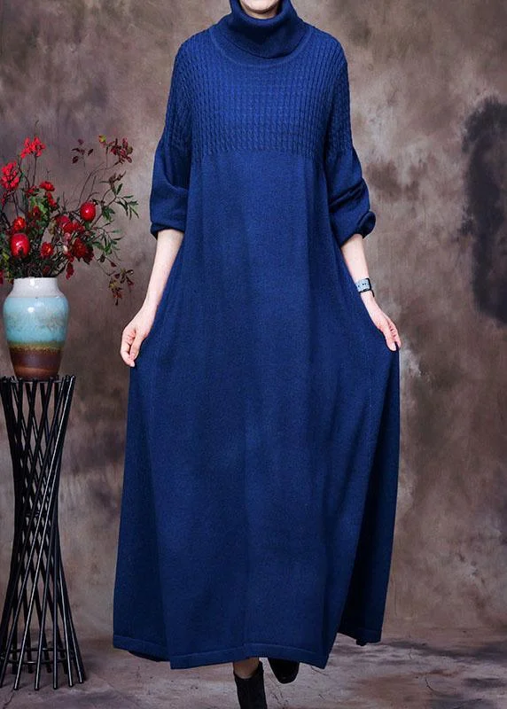 Plus Size Blue Turtle Neck Long Knit Dress Winter