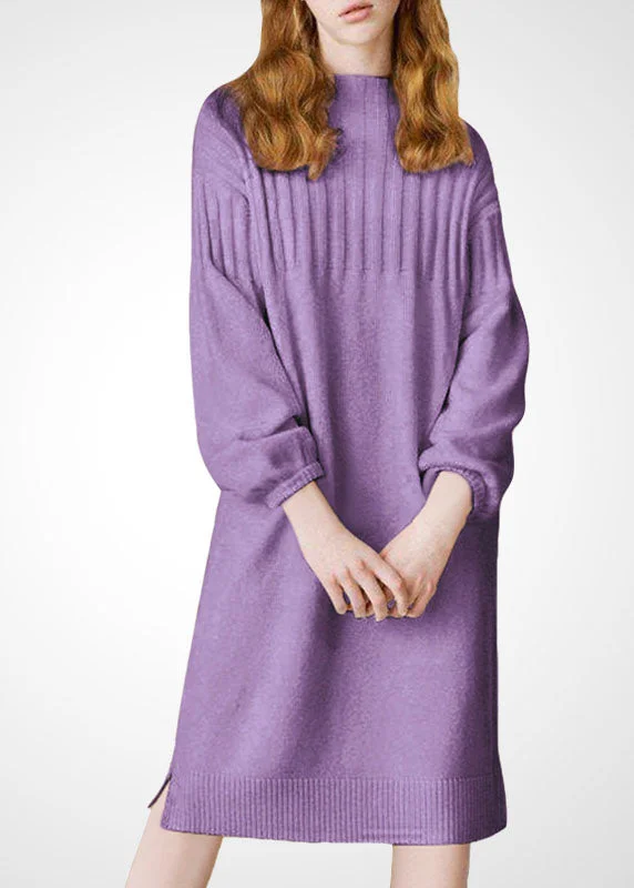 Plus Size Purple Stand Collar Thick Wool Long Knit Dress Winter